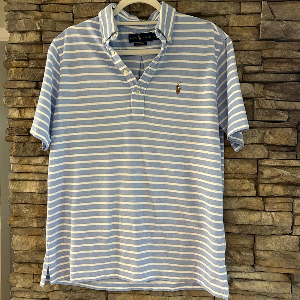 Polo Ralph Lauren Mens Hampton Classic Fit Blue Striped Polo Shirt Size M - Picture 3 of 6
